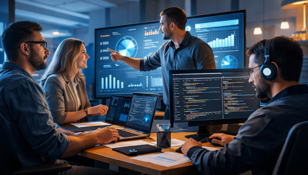 Equipe de tecnologia com apoio de inteligência artificial